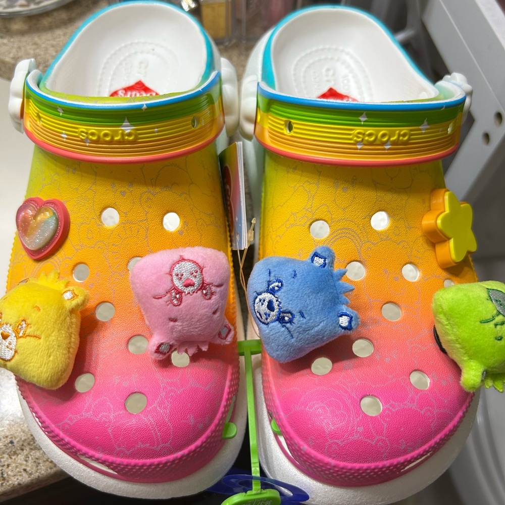 CROCS Pink and Yellow Sandals with Decorative Charms